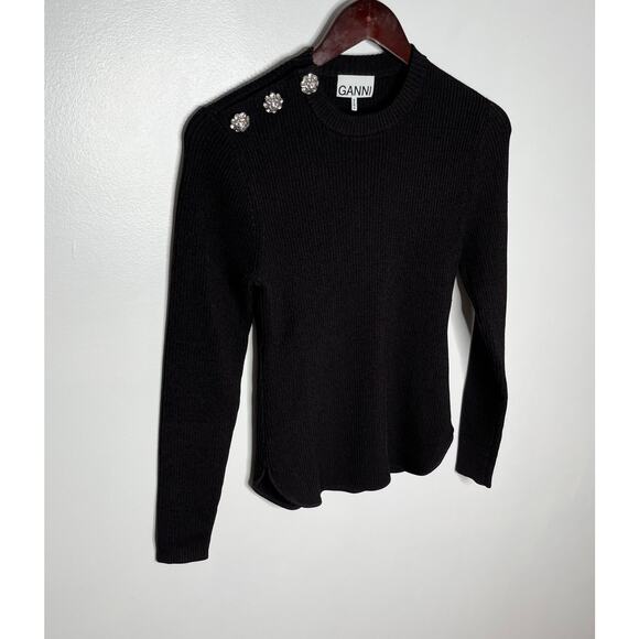 Ganni Long Sleeve Ribbed Sweater Womens Medium Black Crystal Button Shoulder - Picture 3 of 10